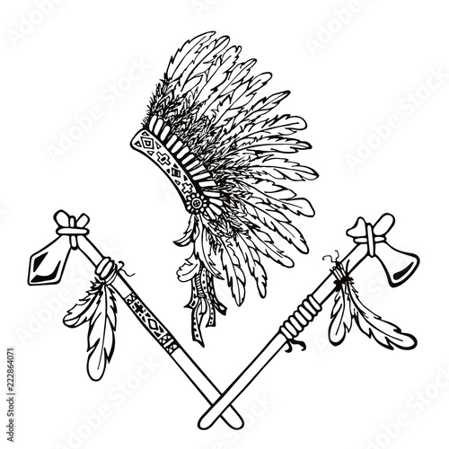 War bonnet, tomahawk, bird feather. Vector illustration hand drawn.