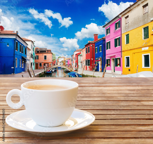 Cup of coffee in Burano island, Venice Italy