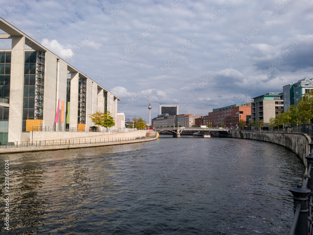 Modern buildings on the River Spree in the government district of Berlin, near the Brandenburg Gate,