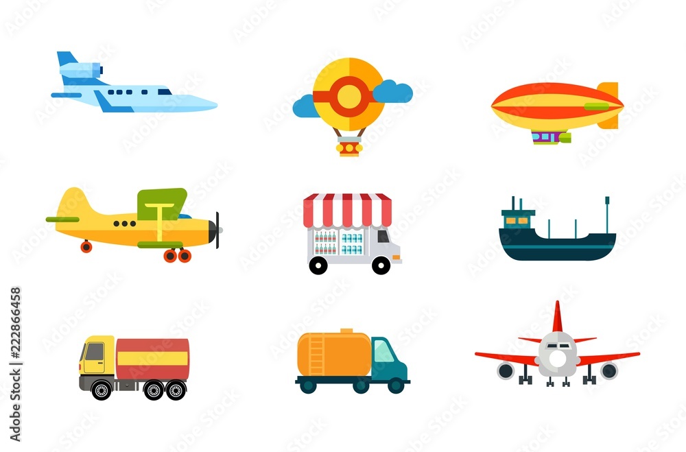 Transport icons. Air transport, river and sea transport. Ground transportation. Cargo, airship and balloon machines. vector illustration