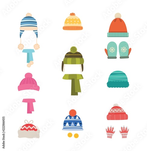 Hats winter warm. Hats with scarf and with gloves, mittens. Isolated icons on white background. Set of hats and scarves for boys and girls. Vector illustration.