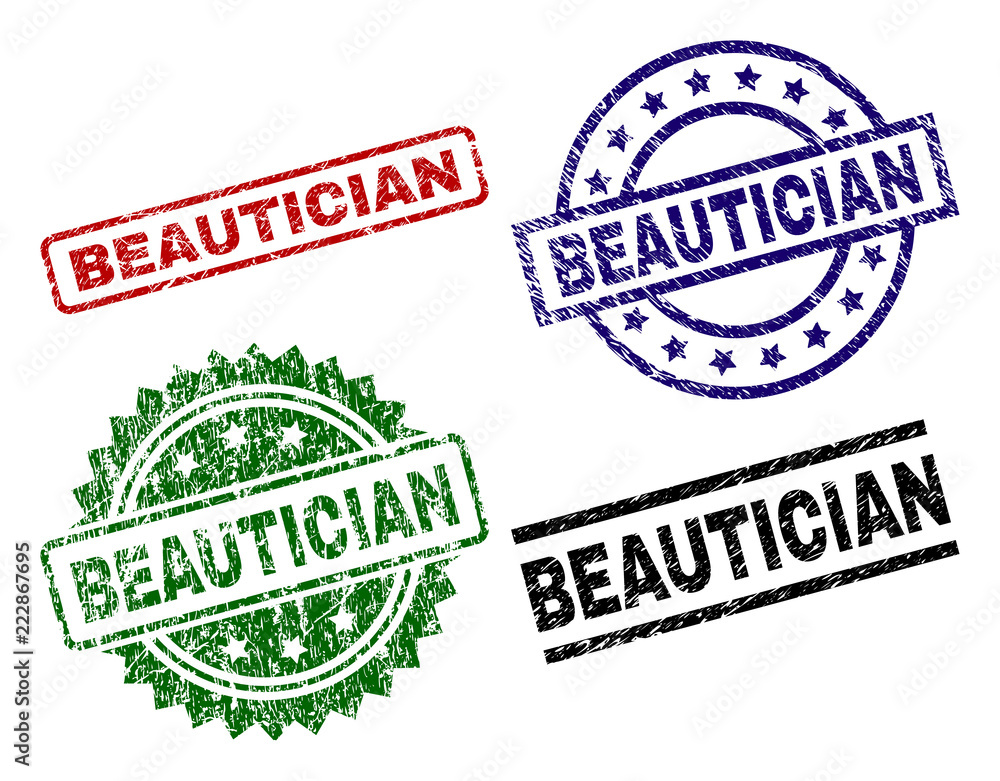 BEAUTICIAN seal prints with corroded texture. Black, green,red,blue vector rubber prints of BEAUTICIAN text with corroded surface. Rubber seals with round, rectangle, rosette shapes. BEAUTICIAN seal prints with corroded texture. Black, green,red,blue vector rubber prints of BEAUTICIAN text with corroded surface. Rubber seals with round, rectangle, rosette shapes.