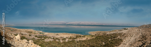 Panoramic landscape of Dead Sea and Jordan mountains in middle day © Atharia