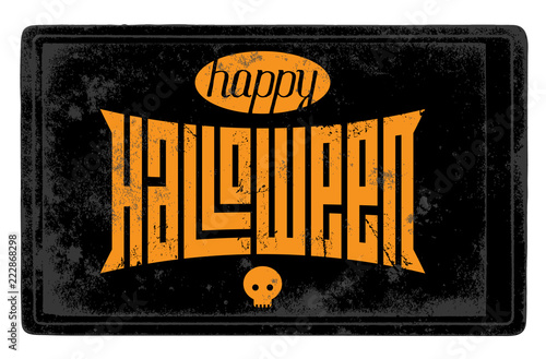 Vintage Happy Halloween card with skull and original lettering. Vector.