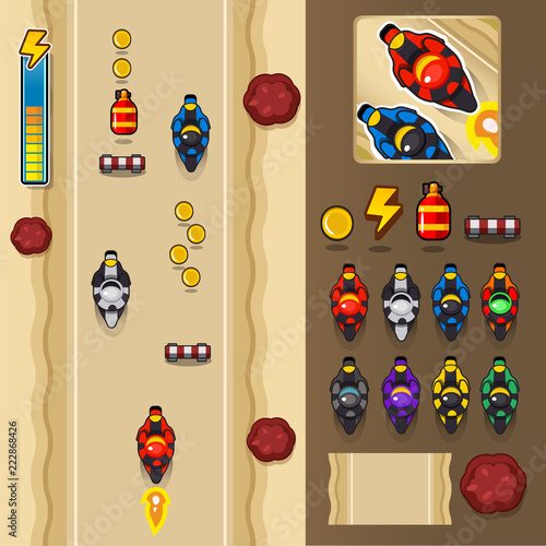 Set of top view motorcycle game, racing game, Concept art
