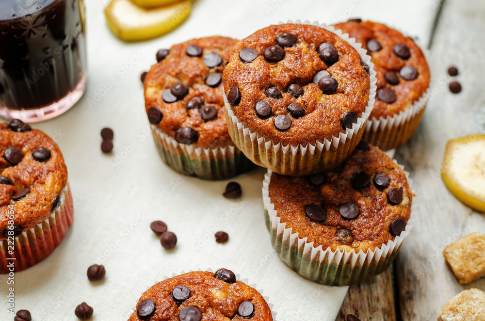 Chocolate chips banana muffins with coffee Chocolate chips banana muffins with coffee