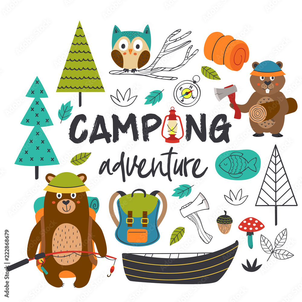 Fotografie camping adventure with animals - vector illustration, eps