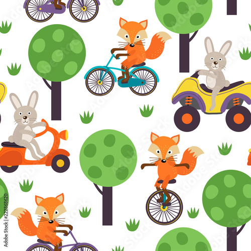 seamless pattern  hare and fox is riding in forest  - vector illustration, eps