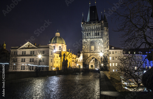 night bridge in Prague. light lanterns. czech republic 2018