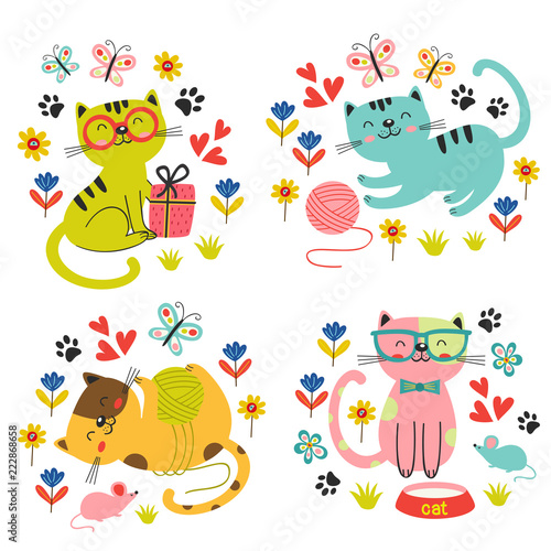 set of isolated cute cats in flowers - vector illustration, eps