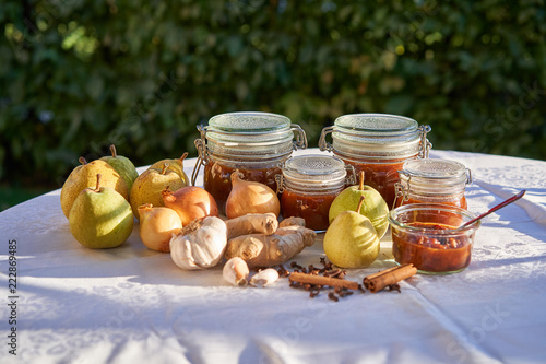 Cooking and preserving pear chutney, all ingredients and cooked chutney in kilner jars, pears, garlic, fresh ginger, onion, cinnamon and clove on table in the garden photo