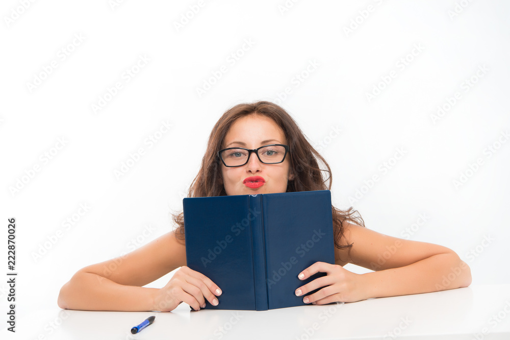 Sexy woman gives lessons of seduction. Sexy woman with book. Knowledge of seduction techniques. Lessons for the future. Seductive beauty Sexy woman gives lessons of seduction. Sexy woman with book. Knowledge of seduction techniques. Lessons for the future. Seductive beauty