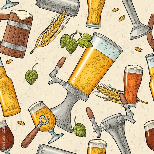Seamless pattern beer tap, class, can, bottle and hop.