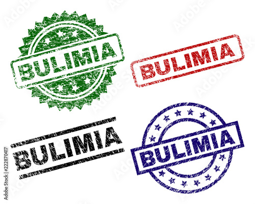 BULIMIA seal prints with corroded style. Black, green,red,blue vector rubber prints of BULIMIA title with scratched style. Rubber seals with round, rectangle, medal shapes.