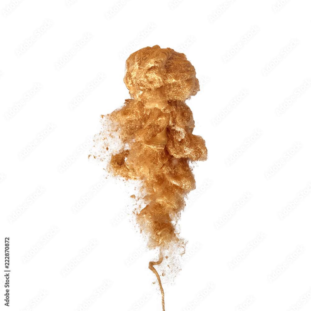gold paint color drop in water, photographed in motion. Ink swirling. Cloud of silky ink under water isolated on white background. gold paint color drop in water, photographed in motion. Ink swirling. Cloud of silky ink under water isolated on white background.
