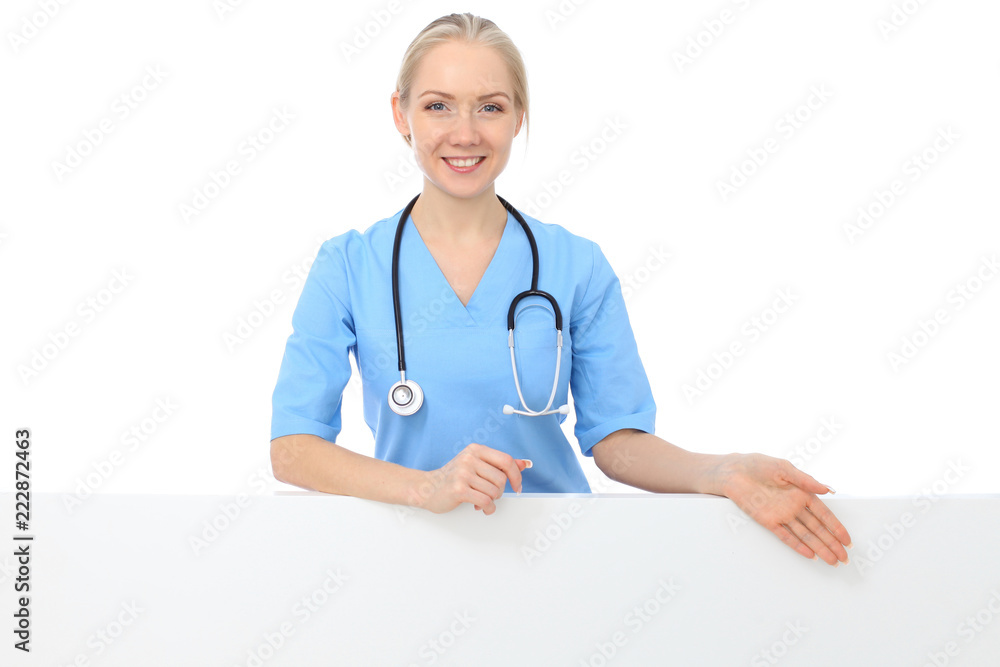 Smiling young nurse portrait isolated over white background. 