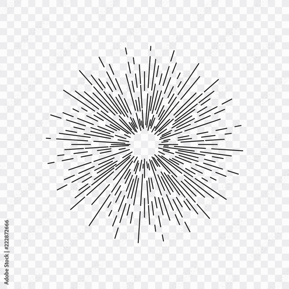 Black rays, sunburst and rays of sun. Design elements, linear drawing ...