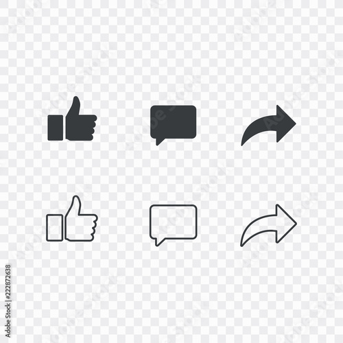 Thumbs up and with repost and comment icons on a white background. Social media icon, empathetic emoji reactions icon set.