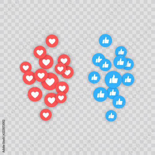 Like and Heart icon. Live stream video, chat, likes. Social nets like red heart web buttons isolated on white background. Vector illustaration. photo