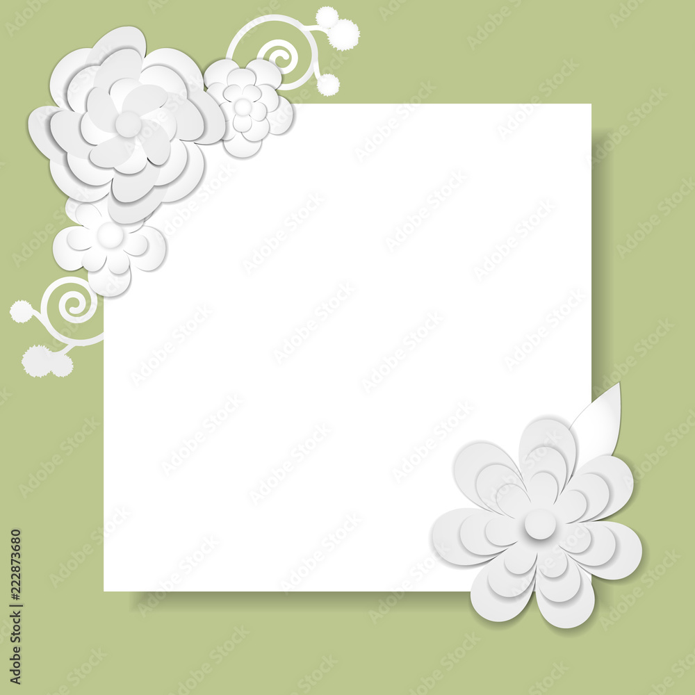 Template for postcard, invitation, wedding, party card with white square frame and paper flowers on green background Template for postcard, invitation, wedding, party card with white square frame and paper flowers on green background