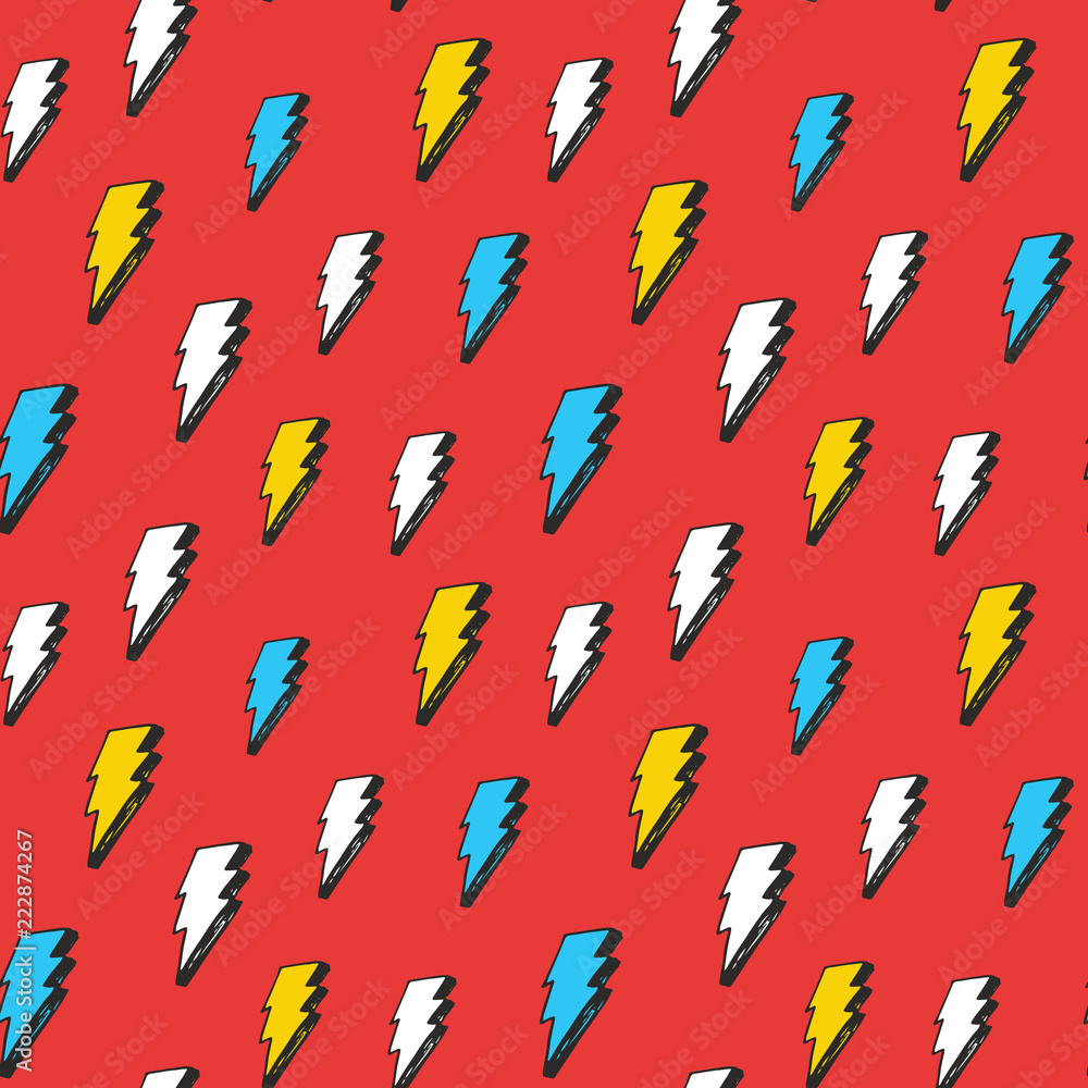 Fototapeta premium Lightning seamless pattern vector illustration. Hand drawn sketched doodle lightning symbols