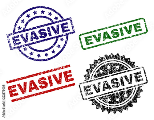 EVASIVE seal prints with damaged texture. Black, green,red,blue vector rubber prints of EVASIVE tag with dust texture. Rubber seals with circle, rectangle, rosette shapes.