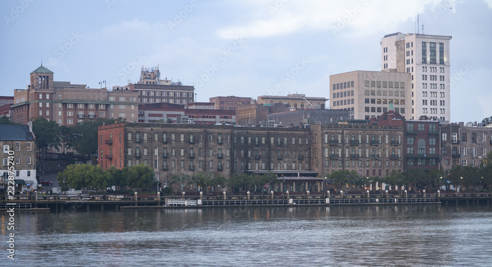 Stately Architecture and Buidlings Line the Waterfront in Savannah Georgia