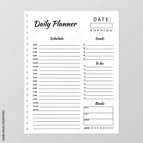 Minimalist daily planner template. Blank white notebook page isolated on grey. Stationery for education, office and planning a routine. Realistic vector illustration.