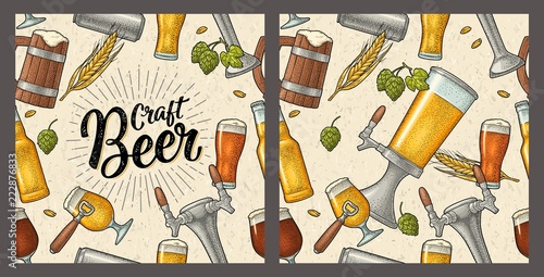 Seamless pattern beer tap, class, can, bottle and hop.