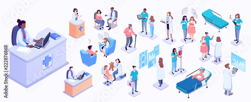 Isometric illustration of medical workers and patients. Hospitals, doctors, patients, reception. healthcare and technology concept photo