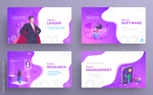 Presentation slide templates or hero banner images for websites, or apps. Business concept illustrations. Modern flat style