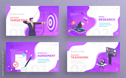Presentation slide templates or hero banner images for websites, or apps. Business concept illustrations. Modern flat style