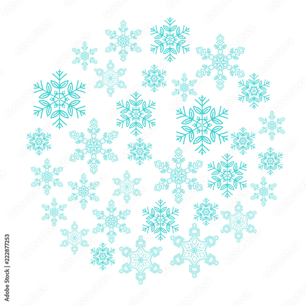 Card with blue snowflakes in a circle. Seasonal winter collection illustration. Card with blue snowflakes in a circle. Seasonal winter collection illustration.