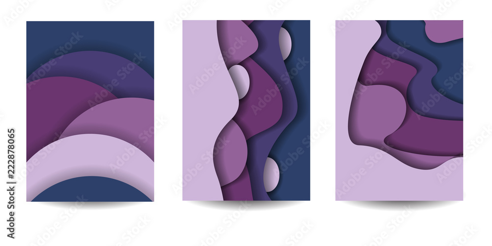 Set of abstract backgrounds A4 with paper cut waves. Trendy vector illustration for flyers, posters, presentations, invitations, covers. Eps10