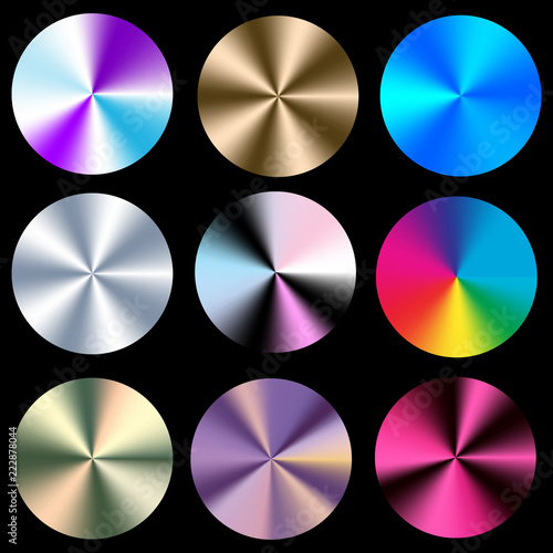 Set conical gradients. Vector radial glossy background. Texture of foil, metal.