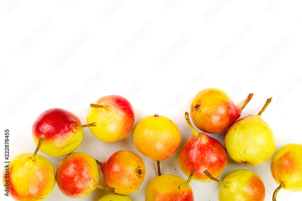 ripe red yellow pear fruits isolated on white background with copy space for your text. Top view. Flat lay pattern ripe red yellow pear fruits isolated on white background with copy space for your text. Top view. Flat lay pattern