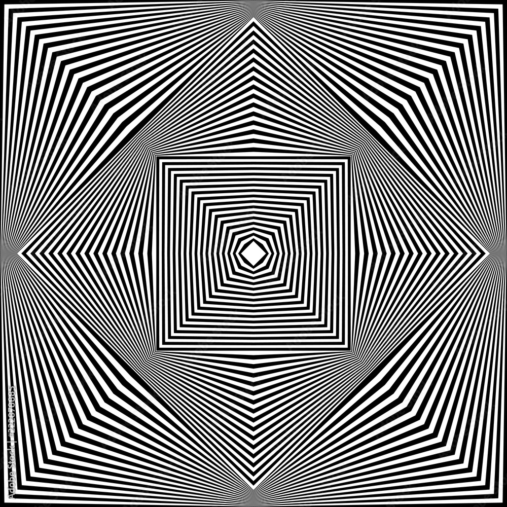 Abstract black and white striped background. Geometric pattern with visual distortion effect. Optical illusion. Op art. Abstract black and white striped background. Geometric pattern with visual distortion effect. Optical illusion. Op art.