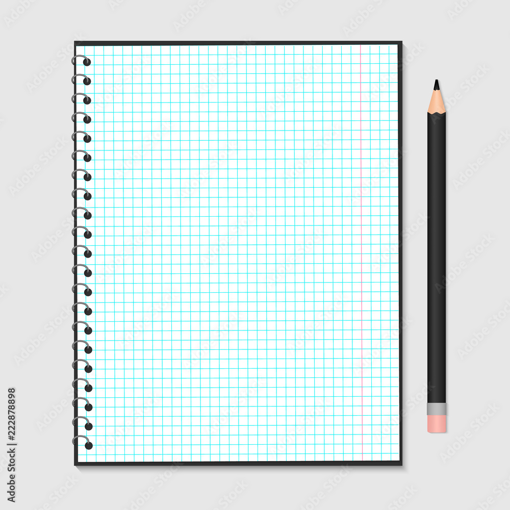 Opened notebook with metallic spiral and pencil isolated on grey. Blank checkered paper sheet. Stationery for education and business. Realistic vector illustration. Opened notebook with metallic spiral and pencil isolated on grey. Blank checkered paper sheet. Stationery for education and business. Realistic vector illustration.