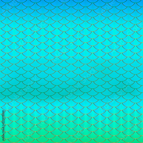 Purple, blue, mint green and gold fish scale texture background. Mermaid pattern. Neon magic vector illustration. ttemplate for invitations, banners, cards, fabric, package, etc.