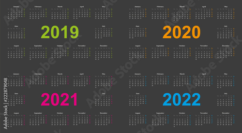 farbenfrohes Kalender Design, 2019, 2020, 2021, 2022, grauer Hintergrund, farbiges Layout, Sonntag erster Wochentag