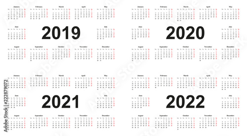 Kalender Vorlage, einfaches Design auf weißem Hintergrund, Jahre 2019, 2020, 2021, 2022, Sonntag rot markiert