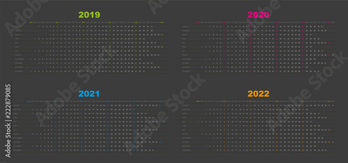 Kalender modernes Design, Jahre 2019, 2020, 2021, 2022, grauer Hintergrund, farbiges Layout