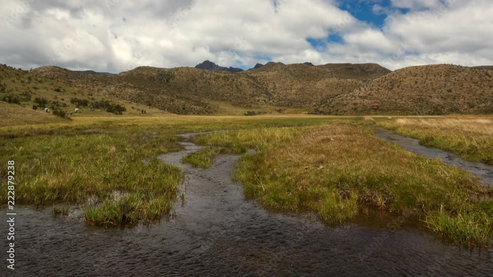 Water draining from an Andean bog time lapse. In Cotopaxi National Park, Ecuador with the extinct Ruminahui Volcano in background Water draining from an Andean bog time lapse. In Cotopaxi National Park, Ecuador with the extinct Ruminahui Volcano in background