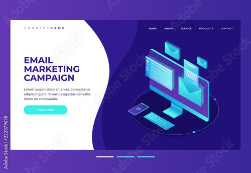 E-mailing notification concept.  Monitor with an envelope and e-mail on screen. Email marketing. Design template for landing page. Isometric vector illustration.