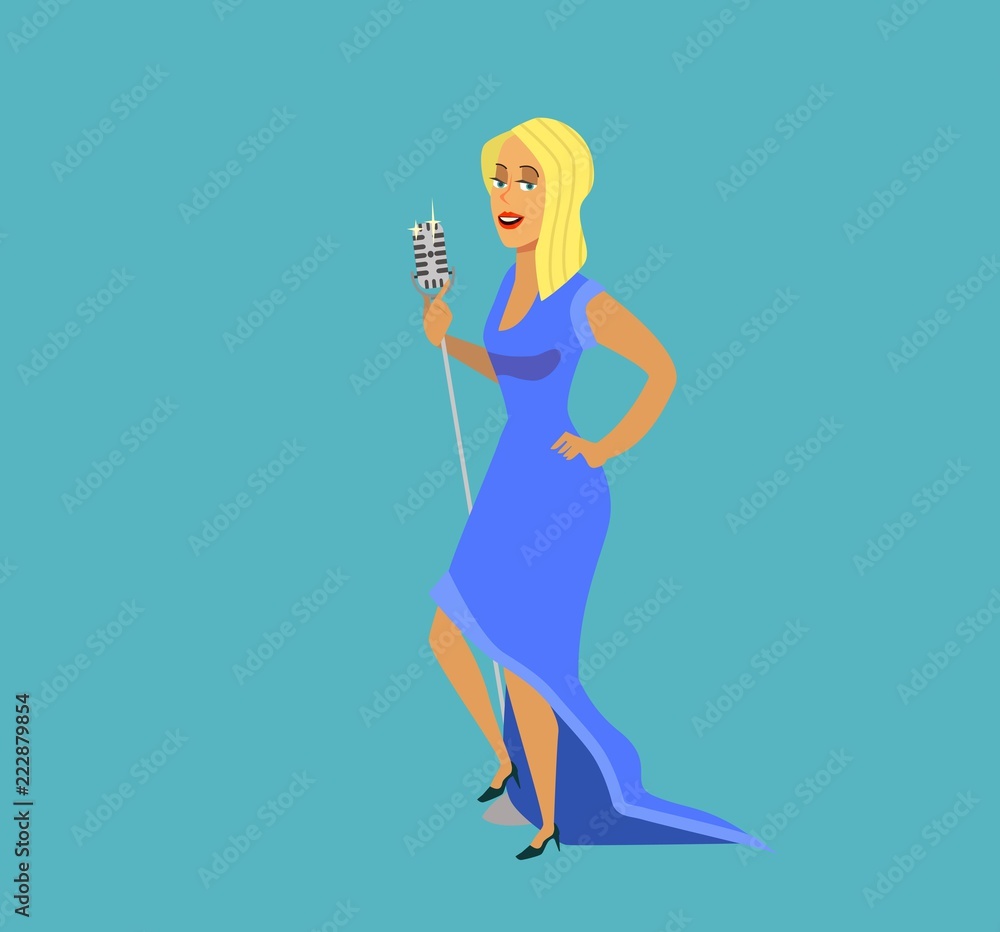 Beautiful girl singer female. Female character in red dance with microphone. Beautiful girl singer female. Female character in red dance with microphone.