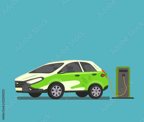 Fototapeta Naklejka Na Ścianę i Meble -  The electric car is recharged at the charging station. Vector illustration
