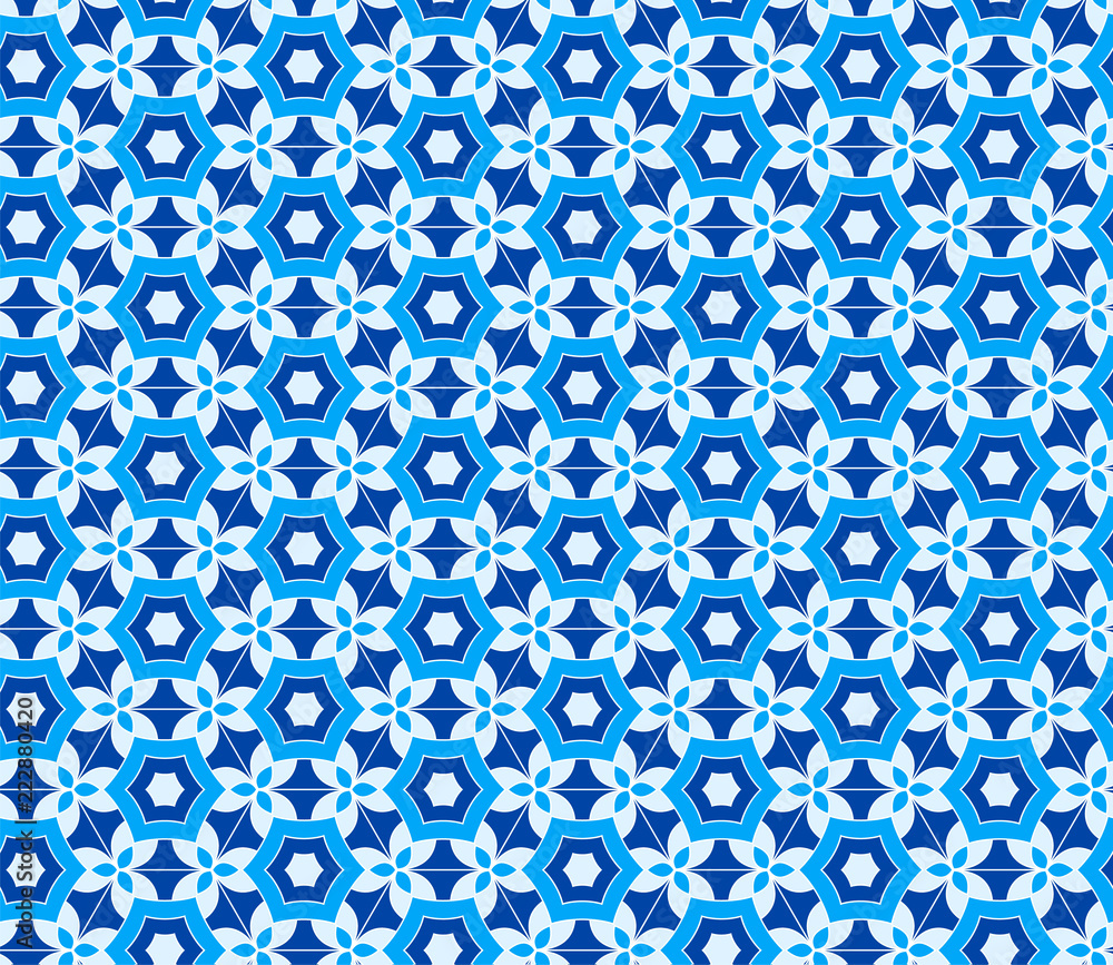 Geometric seamless pattern. Mix blue and white kaleidoscope. Oriental ornament mosaic background.  Azulejos tiles.Vector template for invitations, greeting cards, fabric, wallpapers.