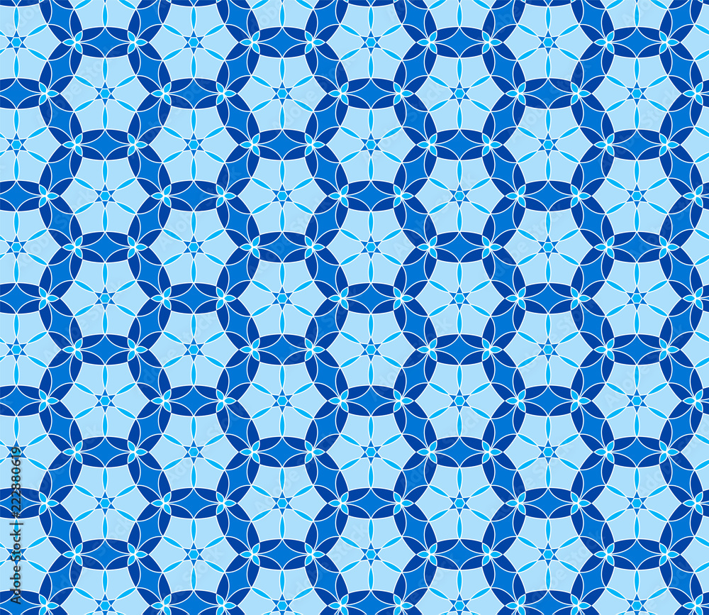 Fototapeta premium Geometric seamless pattern. Mix blue and white kaleidoscope. Oriental ornament mosaic background. Azulejos tiles.Vector template for invitations, greeting cards, fabric, wallpapers.