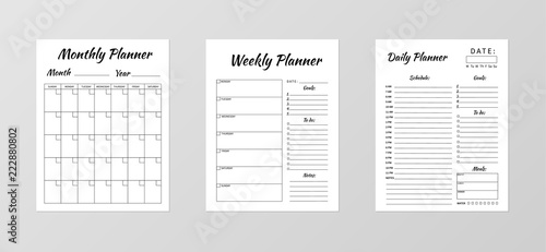 Set of minimalist planners. Daily, weekly, monthly planner template. Blank white notebook page isolated on grey. Business organizer page. Paper sheet.