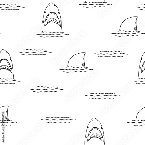 Shark seamless pattern, Hand drawn sketched doodle shark, vector illustration